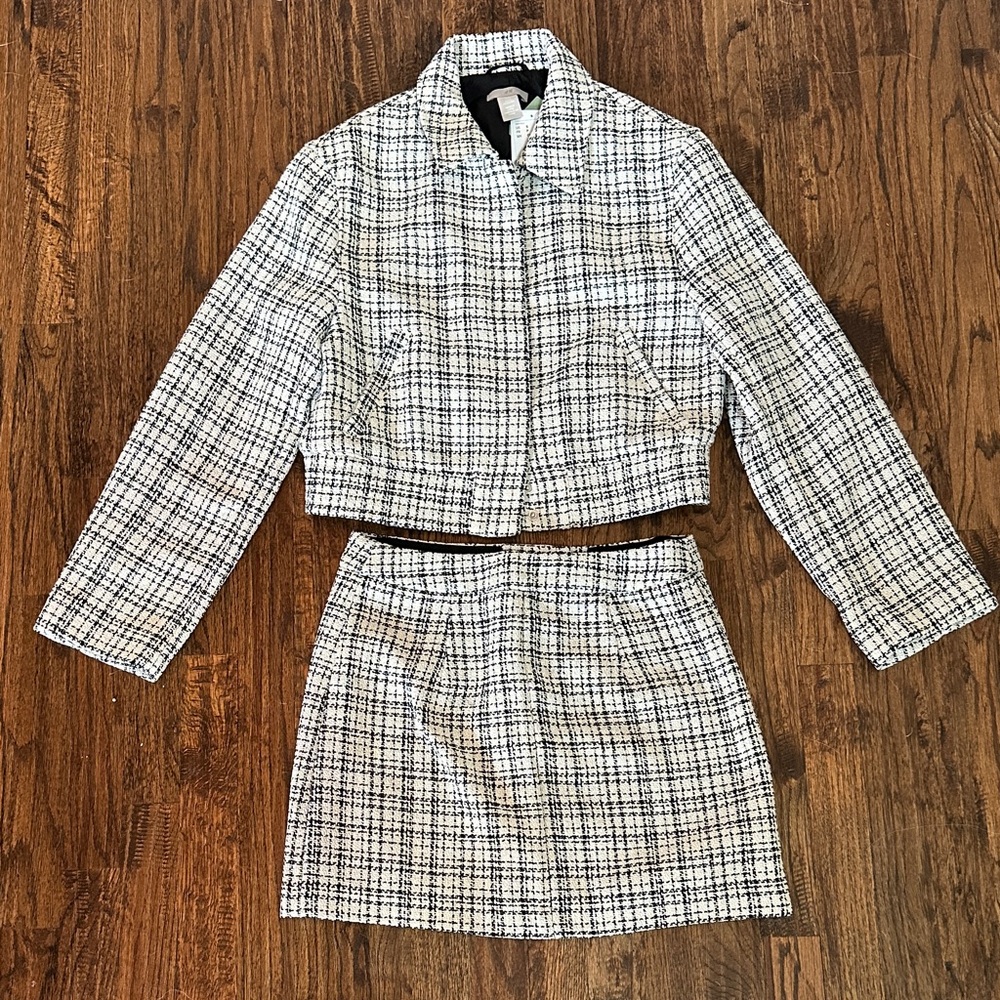 H&M Black and White Plaid Jacket and Skirt Set